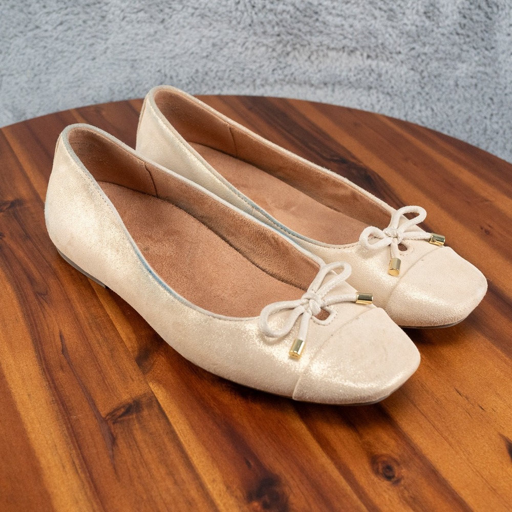 Vionic Klara Sz 8 Champagne Gold Shimmer Bow Ballet Flats Classic Preppy